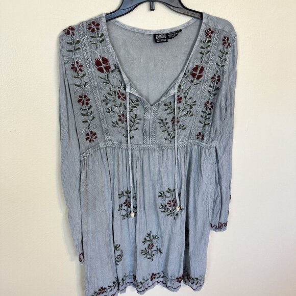 Anandas Womens Embroidered Boho Tunic Top Long Sleeves Rayon Large Grey - Picture 8 of 11